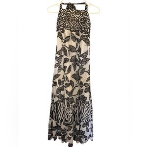 WHITE HOUSE BLACK MARKET WHITE & BLACK FLORAL HALTER TIERED MAXI DRESS 10